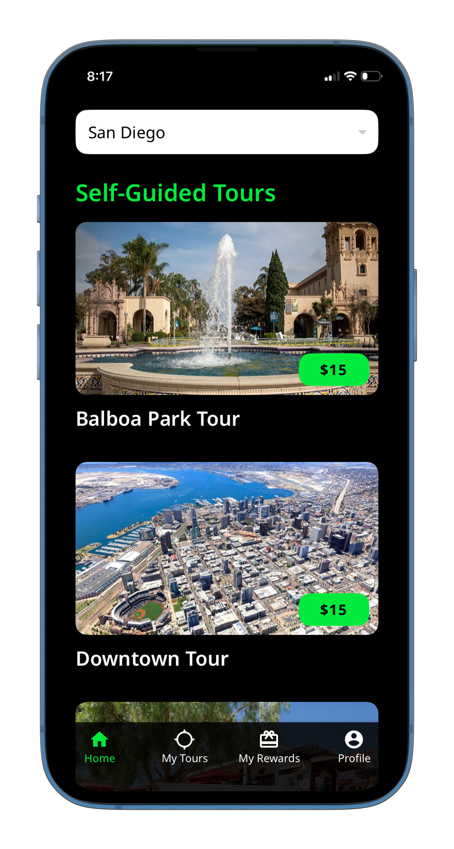 Scavego App Interface showing Self-Guided Tours
